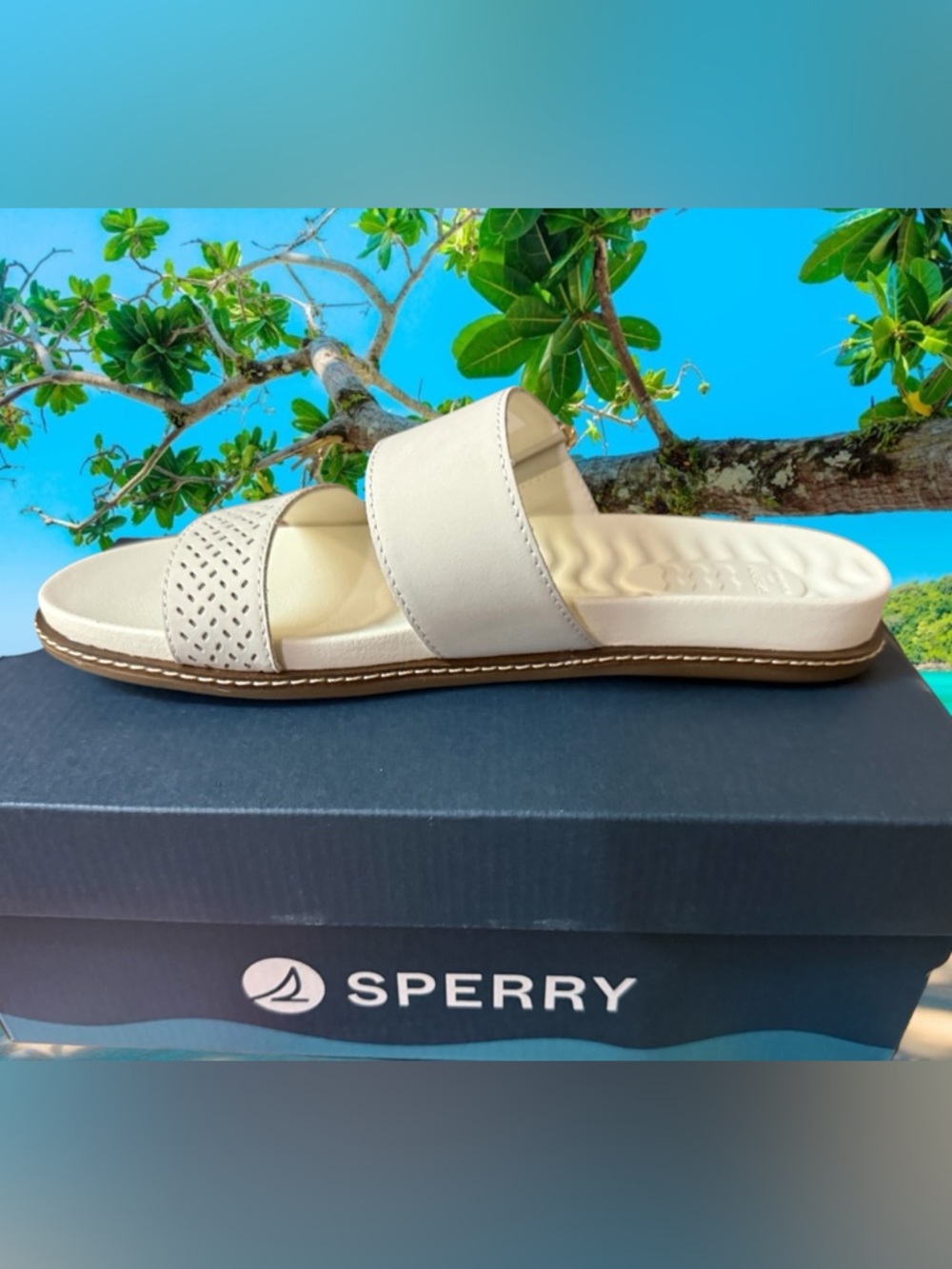 Sperry Women's Double Strap Slide Sandals in Off-White and Brown - Picture 6 of 7